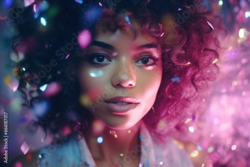 A vivacious woman exudes confidence as she playfully twirls her curly hair  her lips adorned with a vibrant shade of lipstick  her expressive eyelashes framing a portrait of bold fashion and free-spi