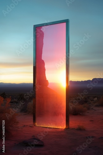 A fiery rectangle against a canvas of deep blue, casting a warm glow over the desert landscape as the sun sets, a beacon of hope in the vast expanse of the sky