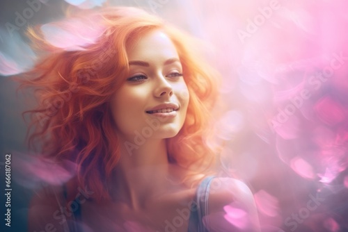 A fiery redhead with a bold smile, her lips painted with a vibrant shade of lipstick, radiating confidence and style in her portrait as she stands as a symbol of strength and individuality