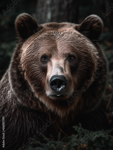 Close up portrait of a calm grizzly bear in a forest illustrated using generative Ai