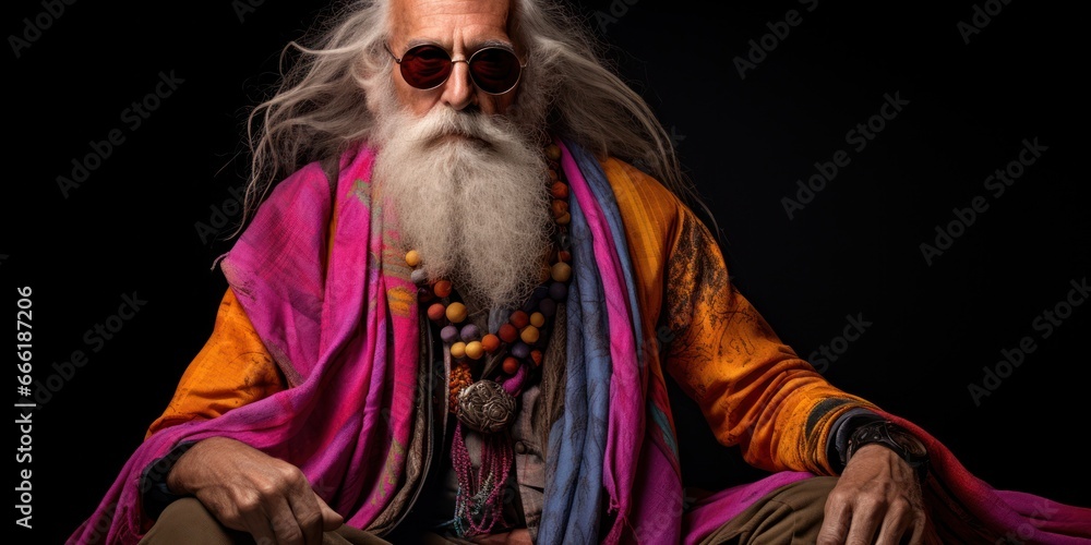 A wise, eccentric man with a long white beard and vibrant scarfs adorning his cloak sits regally on a chair, exuding an air of mystery and enchantment