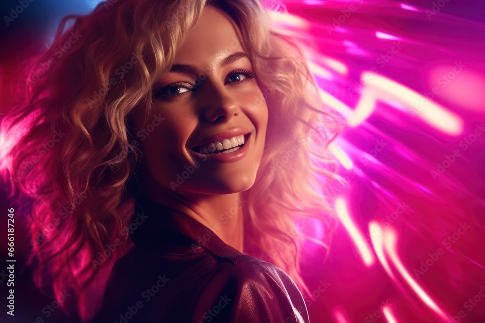 A vibrant woman exudes joy as she stands amidst a sea of magenta lights, her infectious smile framed by luscious lips and bold clothing A vibrant woman exudes joy as she stands amidst a sea of magenta lights, her infectious smile framed by luscious lips and bold clothing