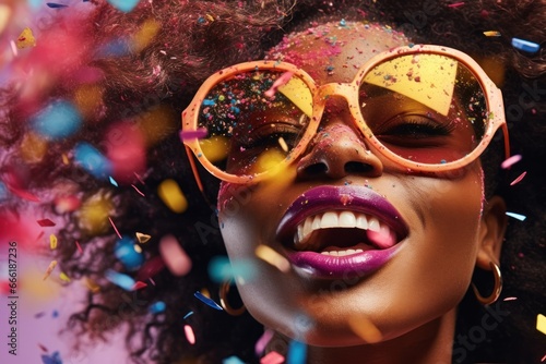 A vibrant woman donning stylish sunglasses and bold lipstick poses confidently outdoors, her goggles and spectacles adding a touch of whimsy to her colorful makeup