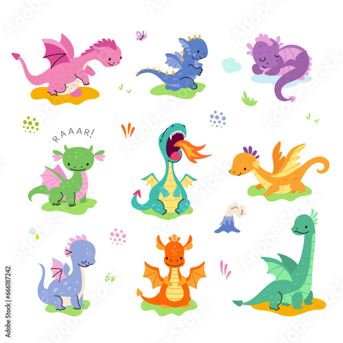 Cartoon cute dragon. Isolated funny dragons characters. Mythical animals with fire flame and wings. Little dinosaurs, nowaday childish vector set © MicroOne