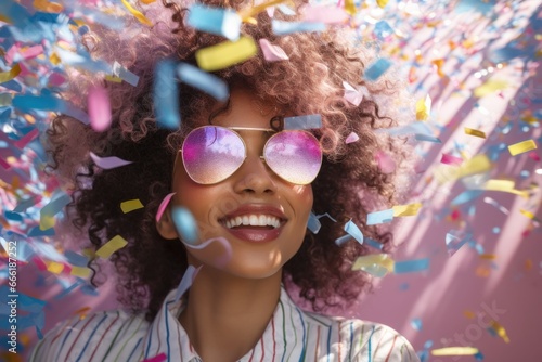A vibrant girl, with her curly hair cascading around her smiling face, confidently rocks pink sunglasses amidst a shower of confetti, exuding pure joy and carefree style