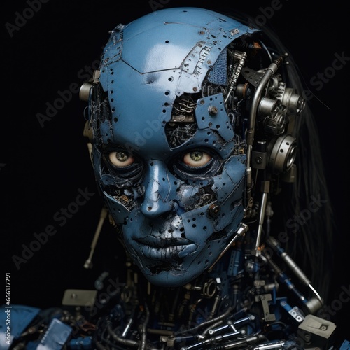 The intricate clothing and masque-like mask of the robot reveal a hidden skull, showcasing the fusion of art and technology in a hauntingly beautiful and thought-provoking manner