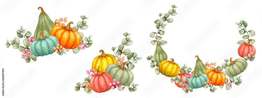 Set of watercolor wreaths and compositions with pumpkins, eucalyptus and berries. Fall Decor, Thanksgiving, Cozy Home, Harvest Festival. Composition for cards, invitations, greetings, announcements.