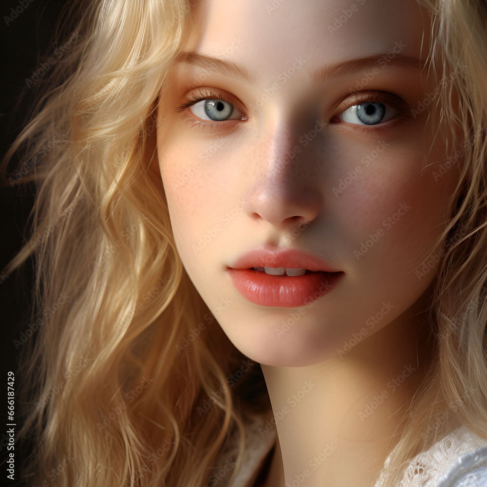 Close up studio shot of beautiful woman model with curly blonde hair Close up studio shot of beautiful woman model with curly blonde hair
