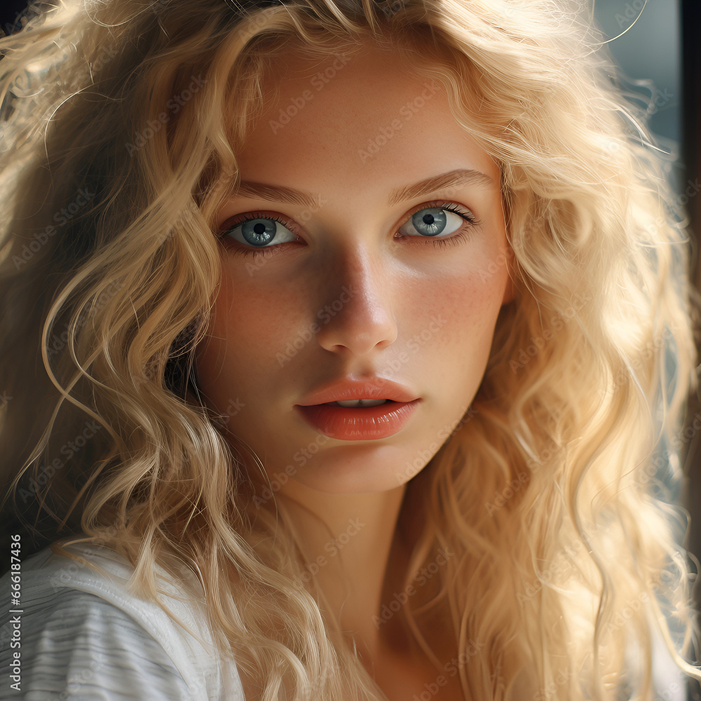 Close up portrait of natural attractive blonde woman looking at camera