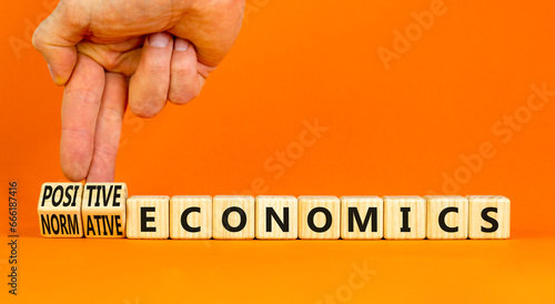Positive or normative economics symbol. Concept words Positive economics Normative economics on blocks. Beautiful orange background. Businessman hand. Business Positive normative economics concept.