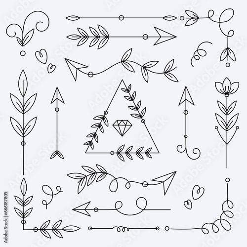 Hand drawn vector arrows and dividers with leaves on withe background. Lines, borders and frames set. Doodle design elements.