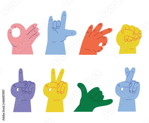 Cartoon hands abstract drawn comic. Set of Hand color different signs, gestures and symbols. Palm and fingers. Modern flat style. Vector illustration isolated on background photo