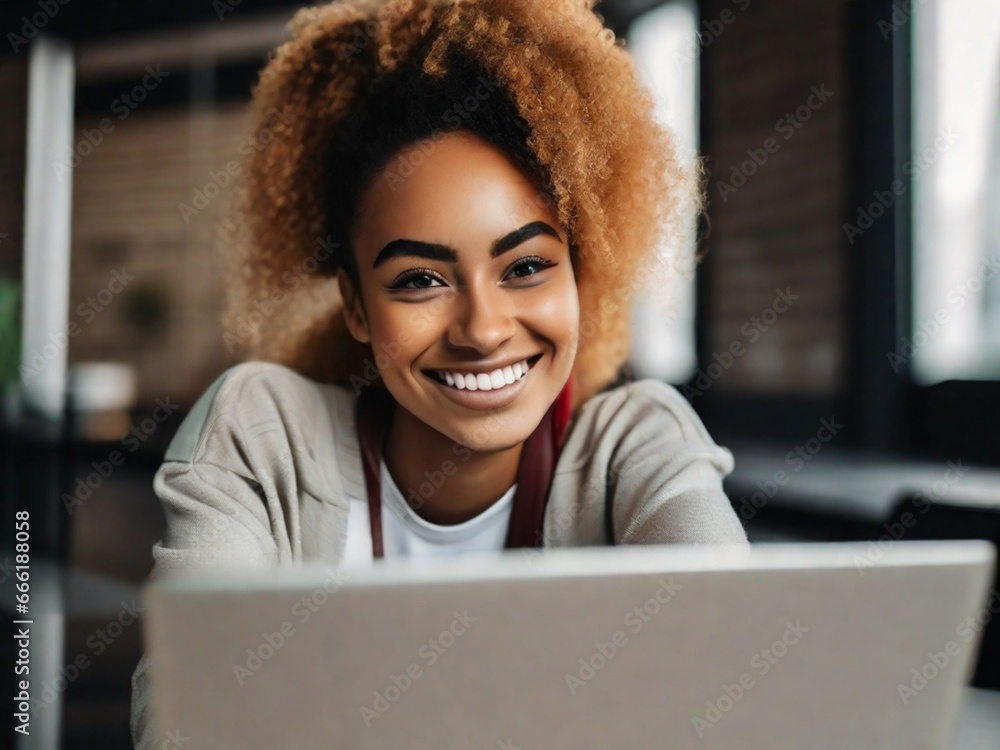 a young smiling beautiful woman is working at a laptop in the office a young smiling beautiful woman is working at a laptop in the office