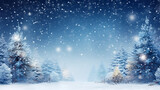 Winter panoramic background with snow - covered spruce branches, Christmas tree decorated with toys in snowfall, AI generated.