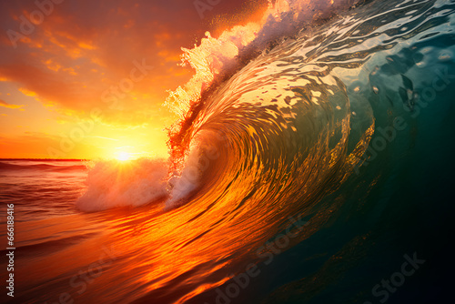 Perfect sea wave for surfing. Sea wave at sunset © Uliana