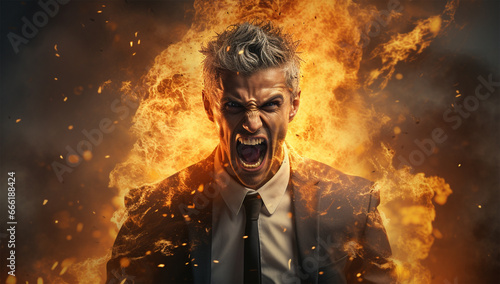 Aggressive businessman screaming in front of a burning building. Fire concept.