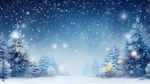 Winter panoramic background with snow - covered spruce branches, Christmas tree decorated with toys in snowfall, AI generated. © digitalproducts