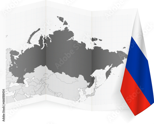 Russia grayscale map and hanging flag.