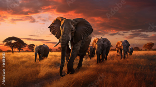 Herd of elephants in the savanna at sunset © Venka