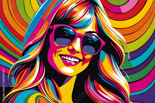 Smiling Hippie woman. Closeup portrait, groovy girl. Retro 70s fashion, psychedelic abstract artwork. 