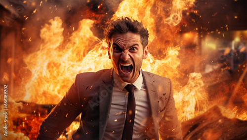 Aggressive businessman screaming in front of a burning building. Fire concept. © © Ai Factory