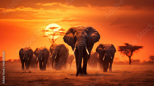 Herd of elephants in the savanna at sunset