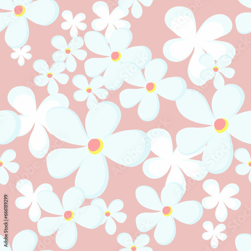 Вeautiful pattern. Vector floral seamless texture. Abstract background with simple blue flowers on a pink background. Elegant repeat design for decor, wallpapers, fabric, print, linen products ,cover