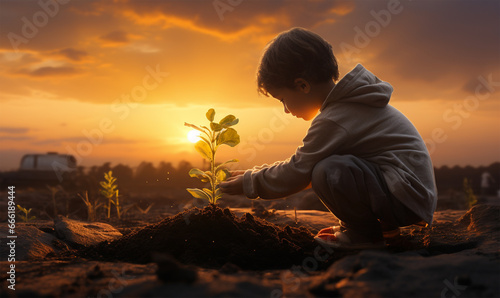 Little boy planting seedlings in the field on a beautiful sunset.