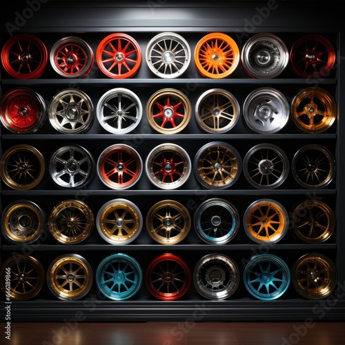 Car rims in the display case and asphalt background are neatly arranged in various shapes and sizes for automotive purposes, modification, industry, inspiration, catalogs, etc. Generative Ai Image © Ka