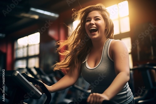 beautiful and happy overweight girl in the gym
