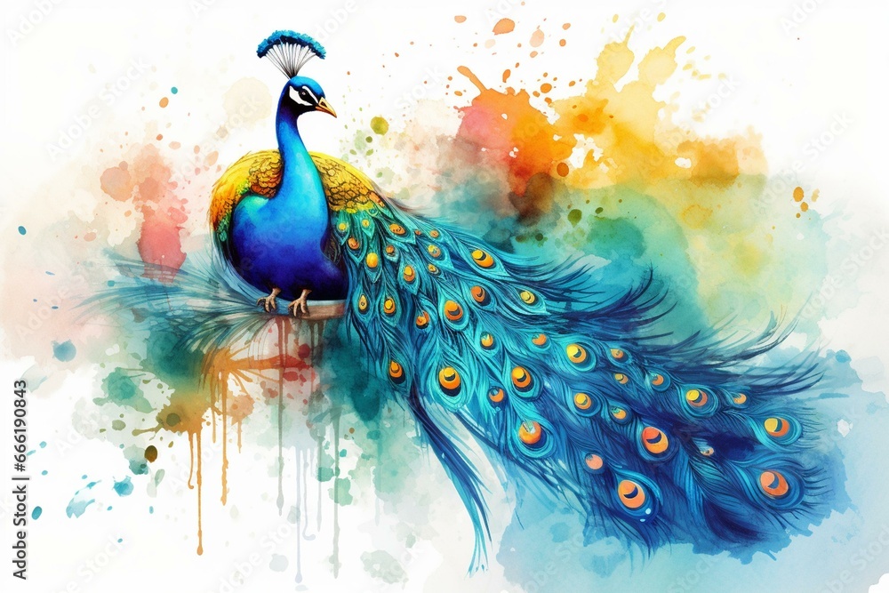 © Larry - Illustration of a vibrant watercolor peacock. Generative AI