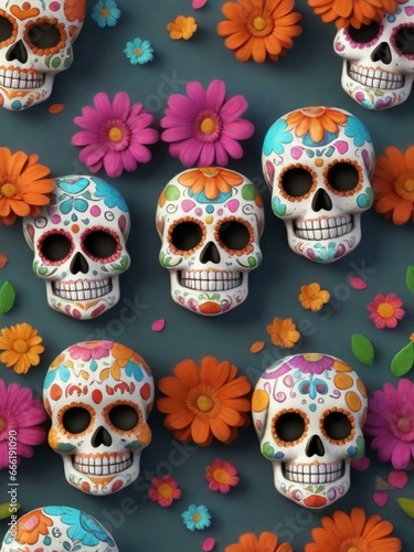 A vibrantly colorful traditional calavera sugar skull, intricately adorned with vibrant flowers, 
