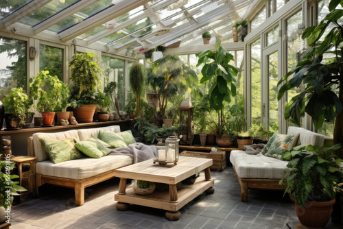 Cozy winter garden with a lot of green palnts filled with light through glass walls © Lazylizard