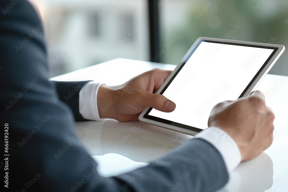 View over businessman shoulder hands using digital tablet at transparent working desk. View over businessman shoulder hands using digital tablet at transparent working desk.