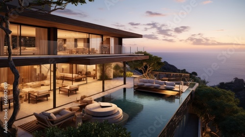 Luxury villa perched on a cliff or overlooking a scenic landscape  emphasizing its panoramic windows  balconies  and outdoor viewing points