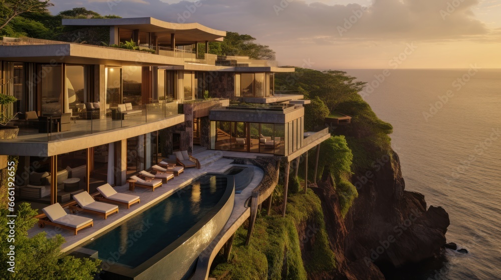 Obraz premium Luxury villa perched on a cliff or overlooking a scenic landscape, emphasizing its panoramic windows, balconies, and outdoor viewing points