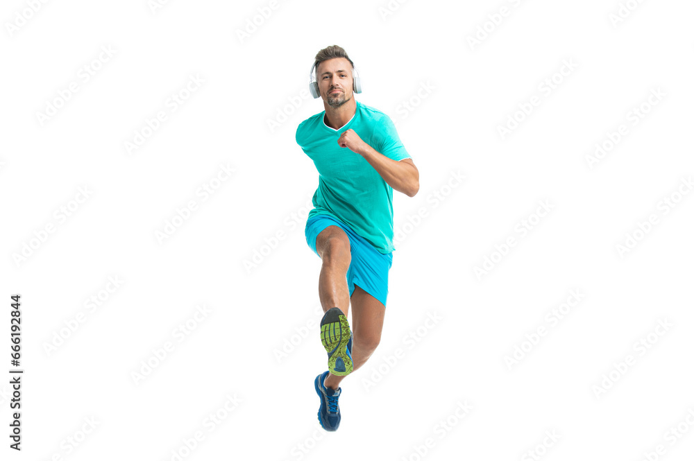 Man sportsman running routine for exercise in studio. sportsman jogger running. The sportsman running at full speed towards the finish line. sportsman runner running isolated on white