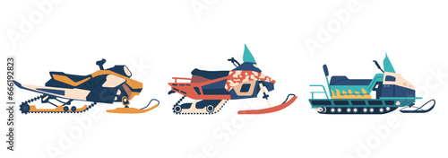 Isolated Snowmobiles, Winter Machines For Snowy Adventures With Powerful Engines And Skis For Smooth Glides
