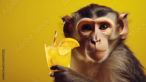  An artistic, minimalistic, and illustrated animal portrait. A monkey stands and enjoys a refreshing fruit drink against a yellow background.