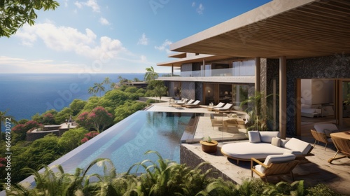 Luxury villa perched on a cliff or overlooking a scenic landscape, emphasizing its panoramic windows, balconies, and outdoor viewing points © Damian Sobczyk