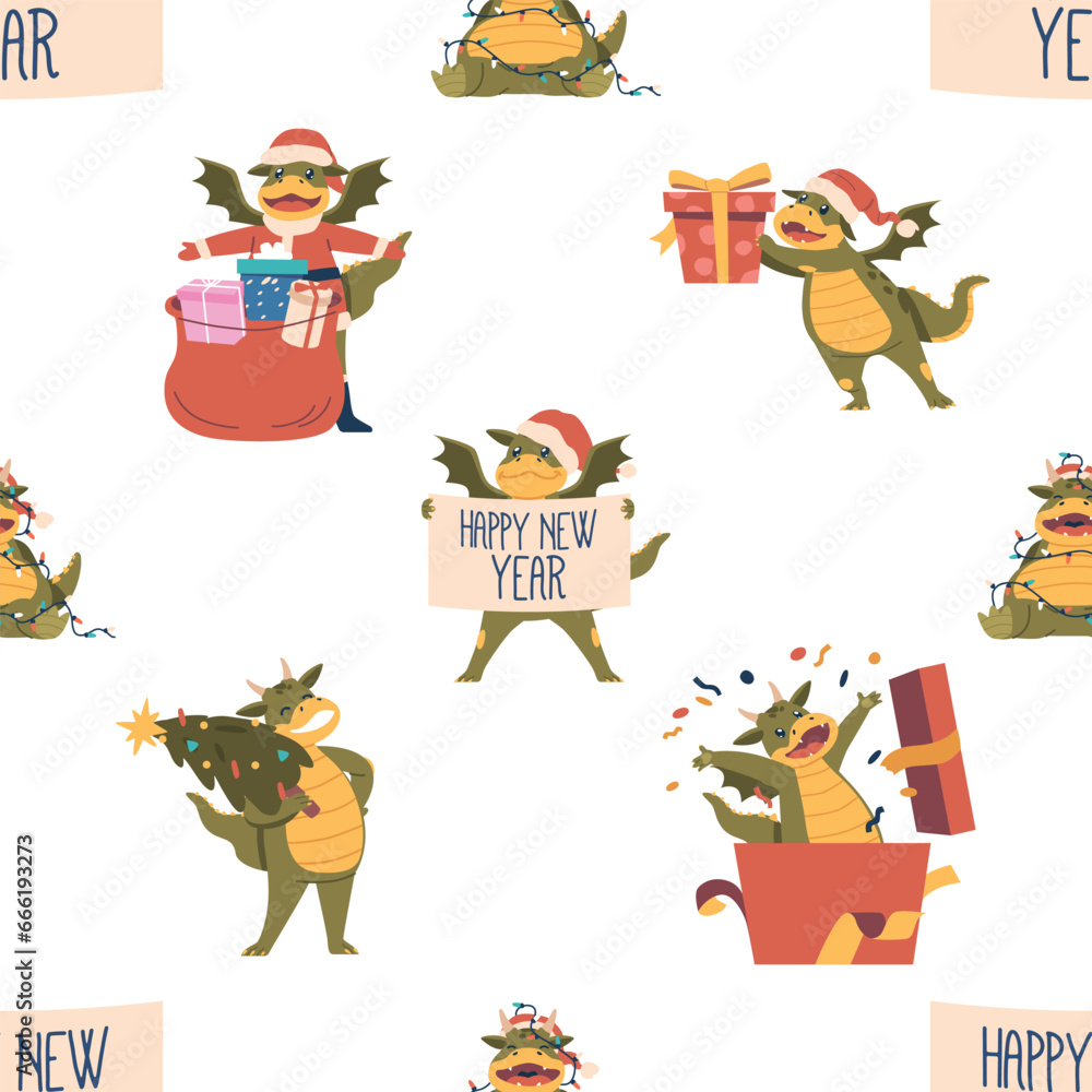 Fototapeta premium Seamless Pattern Featuring Adorable Christmas Dragons In Festive Attire, Spreading 2024 New Year Cheer, Vector Tile