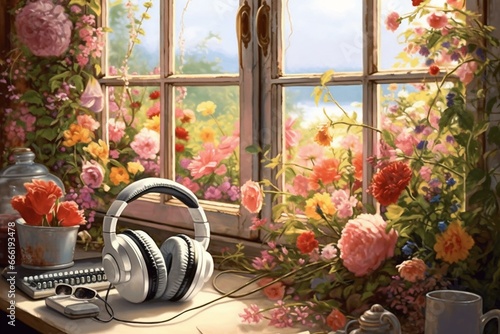 A peaceful scene of flowers and headphones serenading by the window. Generative AI photo