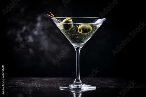 Dirty martini aperitif with olives in glass on a black background, space for text. Generative AI photo