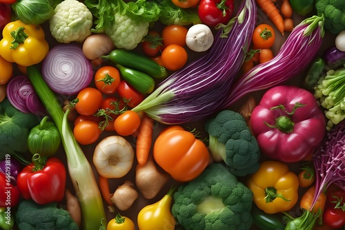Different fresh colorful vegetables from top camera view which is presenting a background also