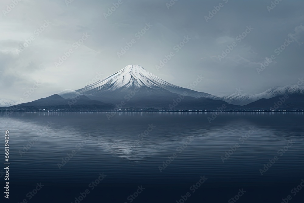 a cold frozen snow covered mountain peak in front of a serene lake