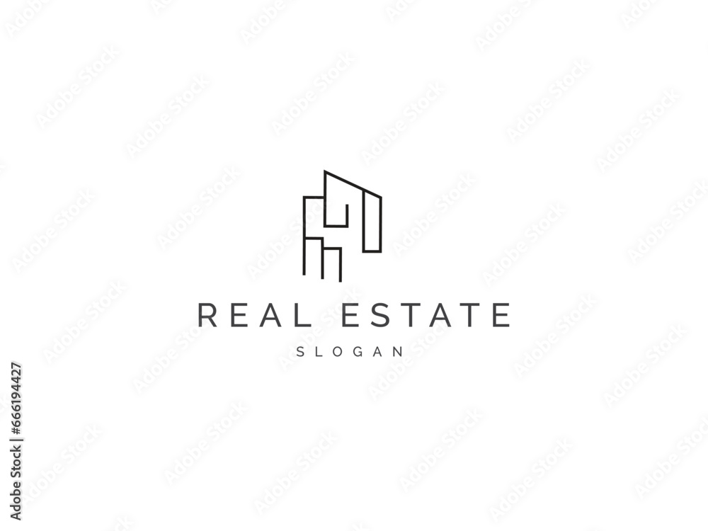 Real estate logo simple line art style on white background. Creative logo building Construction, company, business flat vector design element.
