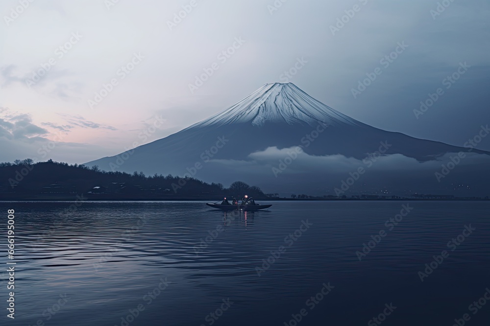 a cold frozen snow covered mountain peak in front of a serene lake