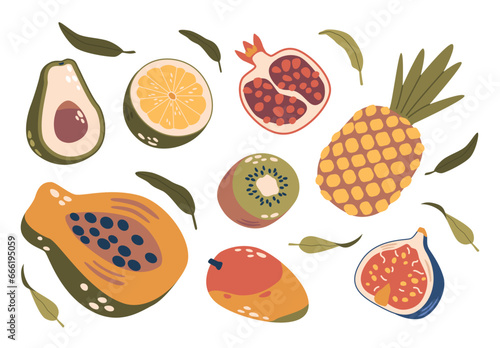 Fototapeta Naklejka Na Ścianę i Meble -  Tropical Fruits Set. Pineapple, Figs, Garnet And Papaya With Lime, Avocado, Kiwi Or Mango, Delectable Exotic Produce