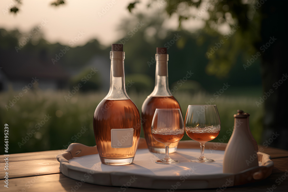 Cognac in the bottles and glasses on the table outdoors on background of winery yard Cognac in the bottles and glasses on the table outdoors on background of winery yard