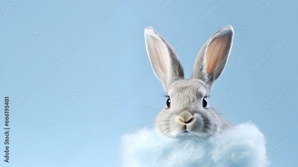 Obraz premium Fluffy cute Easter bunny and chocolate eggs on blue background